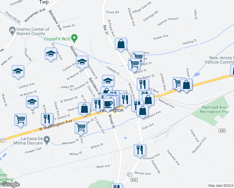 map of restaurants, bars, coffee shops, grocery stores, and more near 45 East Church Street in Washington