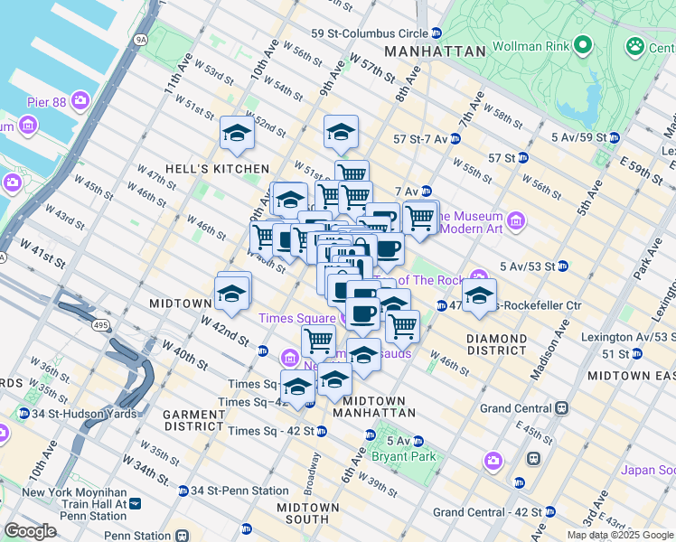 map of restaurants, bars, coffee shops, grocery stores, and more near 241 West 47th Street in New York