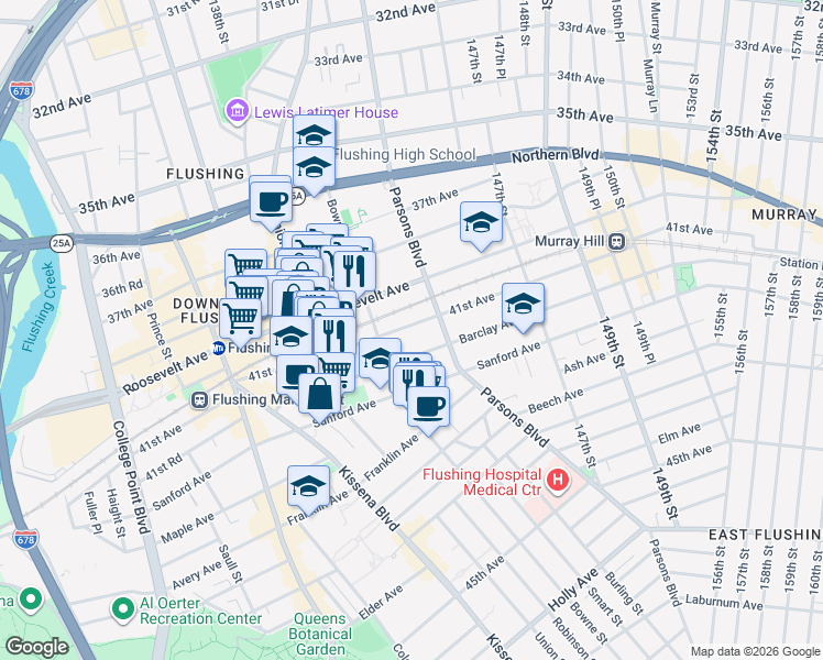 map of restaurants, bars, coffee shops, grocery stores, and more near 143-29 Barclay Avenue in Queens