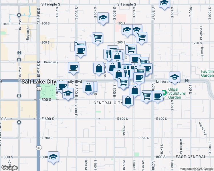 map of restaurants, bars, coffee shops, grocery stores, and more near 440 500 East in Salt Lake City
