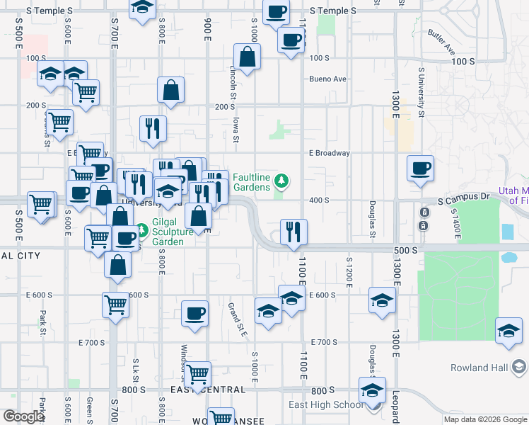 map of restaurants, bars, coffee shops, grocery stores, and more near 1027 Barbara Place East in Salt Lake City
