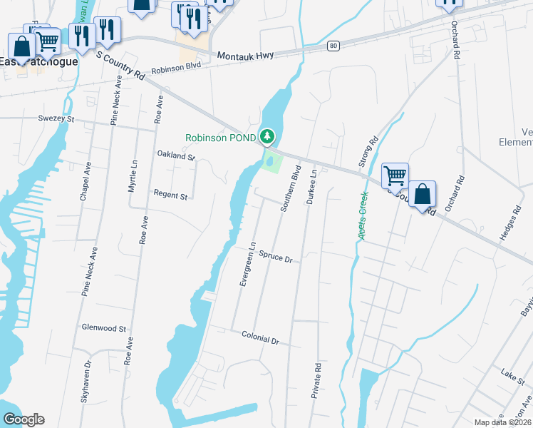 map of restaurants, bars, coffee shops, grocery stores, and more near 33 Evergreen Lane in East Patchogue