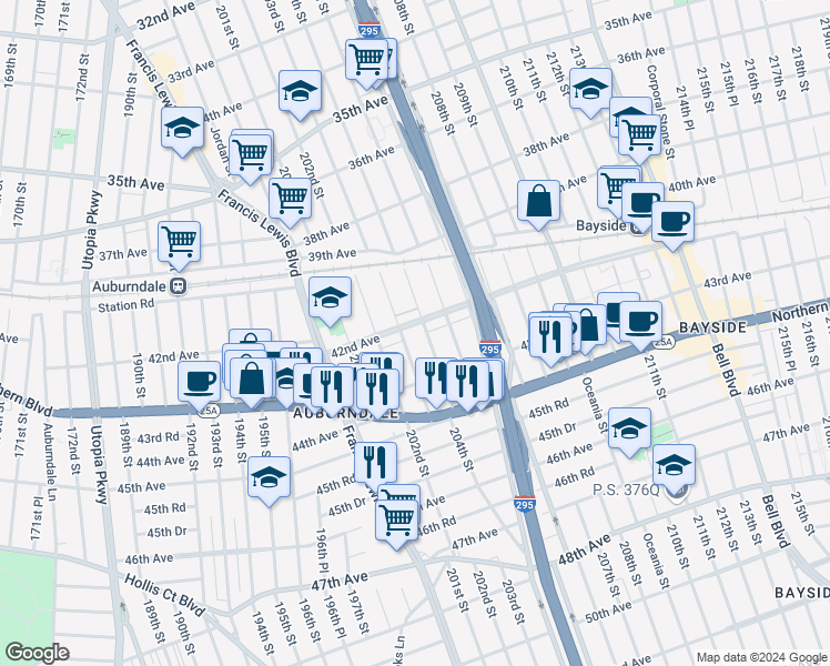 map of restaurants, bars, coffee shops, grocery stores, and more near 42-29 203rd Street in Queens