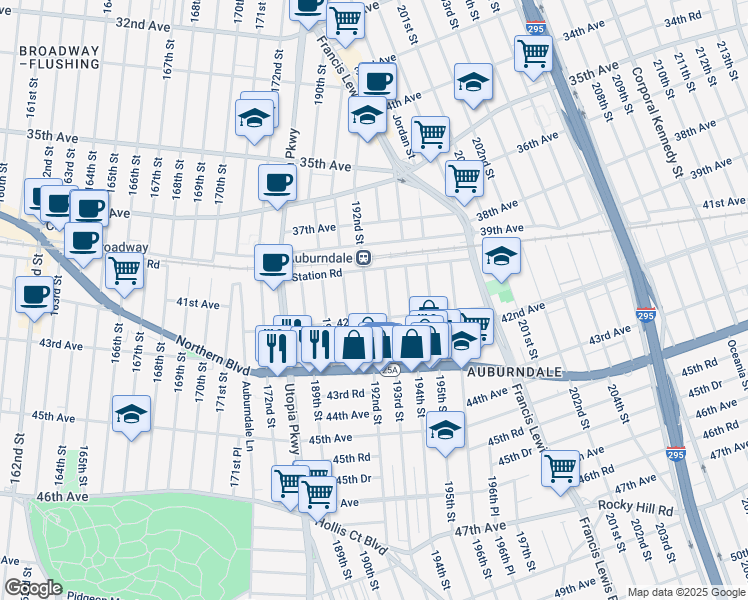 map of restaurants, bars, coffee shops, grocery stores, and more near 19207 42nd Avenue in Queens