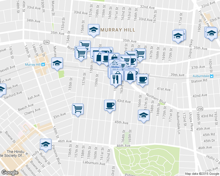 map of restaurants, bars, coffee shops, grocery stores, and more near 42-26 162nd Street in Queens