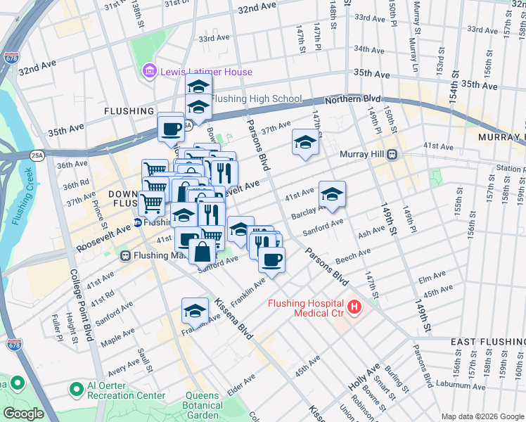 map of restaurants, bars, coffee shops, grocery stores, and more near 143-29 Barclay Avenue in Queens
