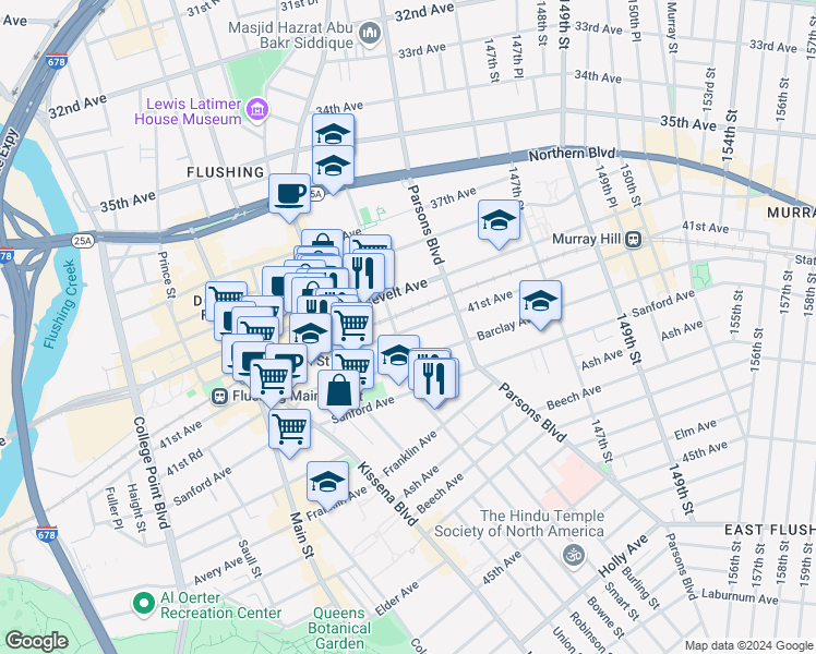 map of restaurants, bars, coffee shops, grocery stores, and more near in Queens