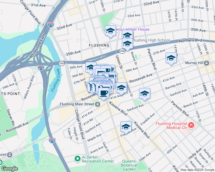 map of restaurants, bars, coffee shops, grocery stores, and more near in Queens