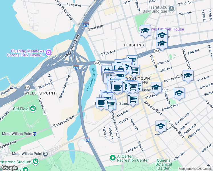 map of restaurants, bars, coffee shops, grocery stores, and more near 37-25 College Point Boulevard in Queens