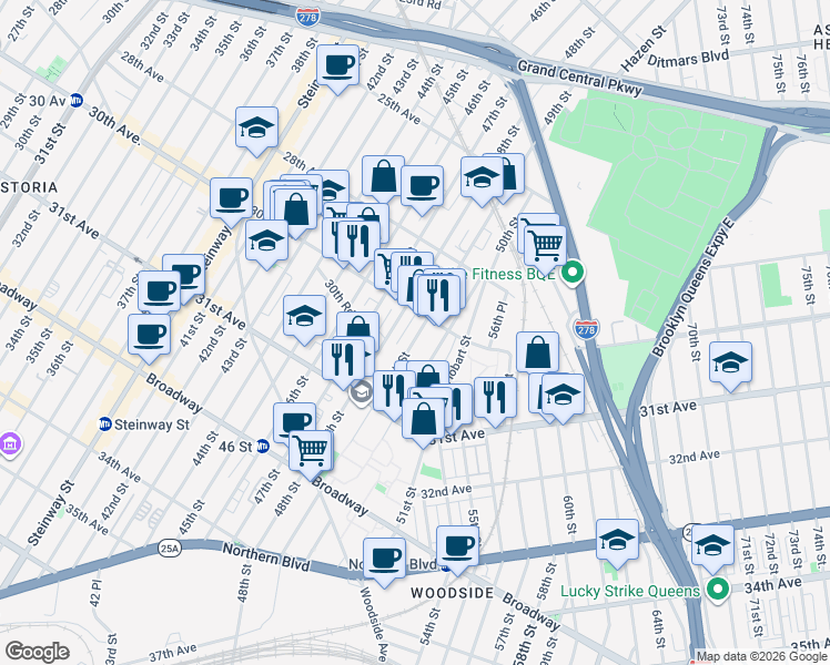 map of restaurants, bars, coffee shops, grocery stores, and more near 30-30 50th Street in Queens
