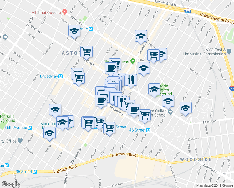 map of restaurants, bars, coffee shops, grocery stores, and more near 31-49 41st Street in Queens