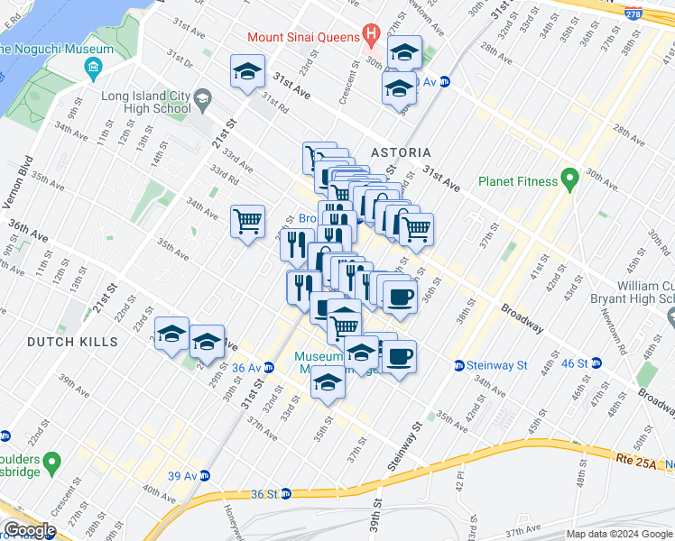 map of restaurants, bars, coffee shops, grocery stores, and more near 32-81 32nd Street in Queens