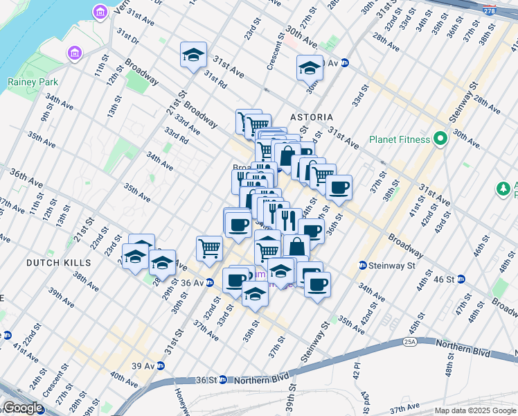 map of restaurants, bars, coffee shops, grocery stores, and more near 32-81 32nd Street in Queens