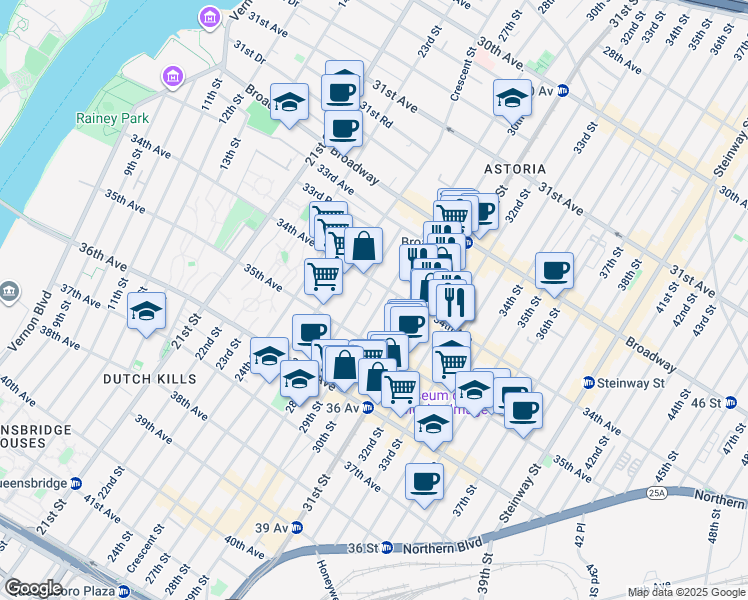 map of restaurants, bars, coffee shops, grocery stores, and more near 34-34 30th Street in Queens