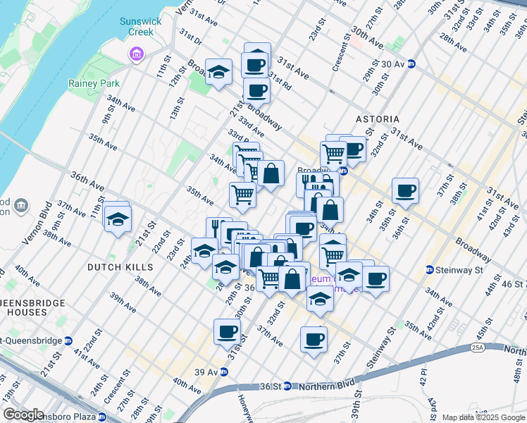 map of restaurants, bars, coffee shops, grocery stores, and more near 3449 28th Street in Queens