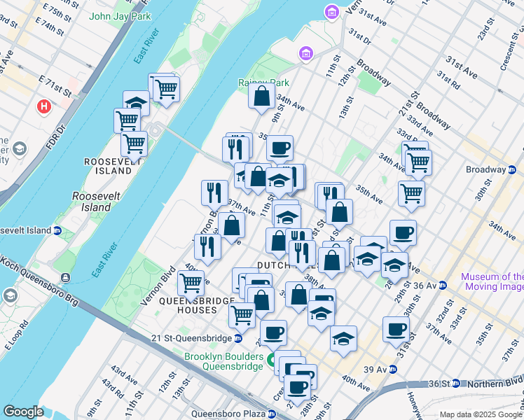 map of restaurants, bars, coffee shops, grocery stores, and more near 37-10 11th Street in Queens