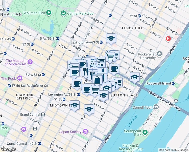 map of restaurants, bars, coffee shops, grocery stores, and more near 220 East 56th Street in New York