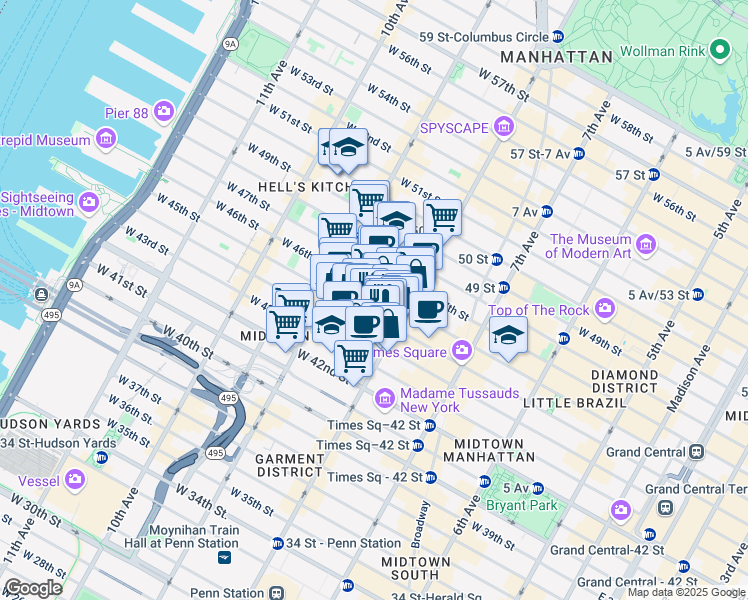 map of restaurants, bars, coffee shops, grocery stores, and more near 305 West 45th Street in New York