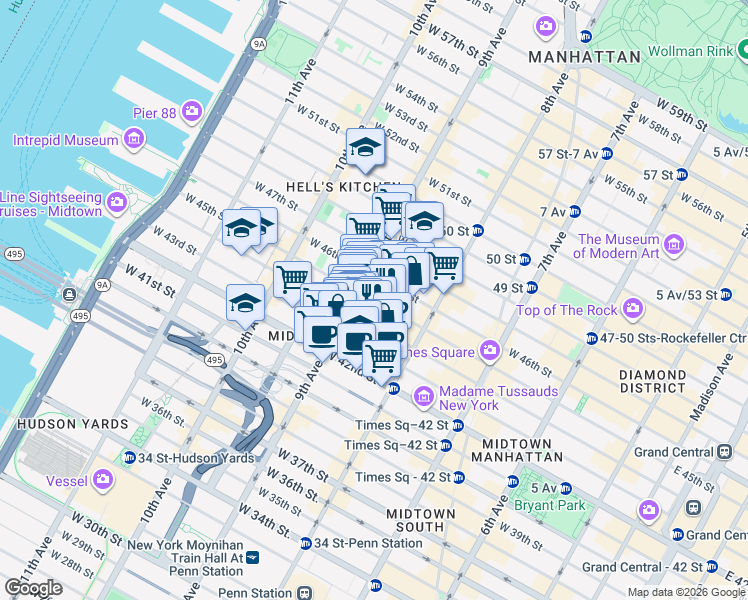 map of restaurants, bars, coffee shops, grocery stores, and more near 353 West 45th Street in New York