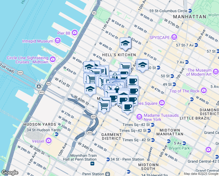 map of restaurants, bars, coffee shops, grocery stores, and more near 576 10th Avenue in New York