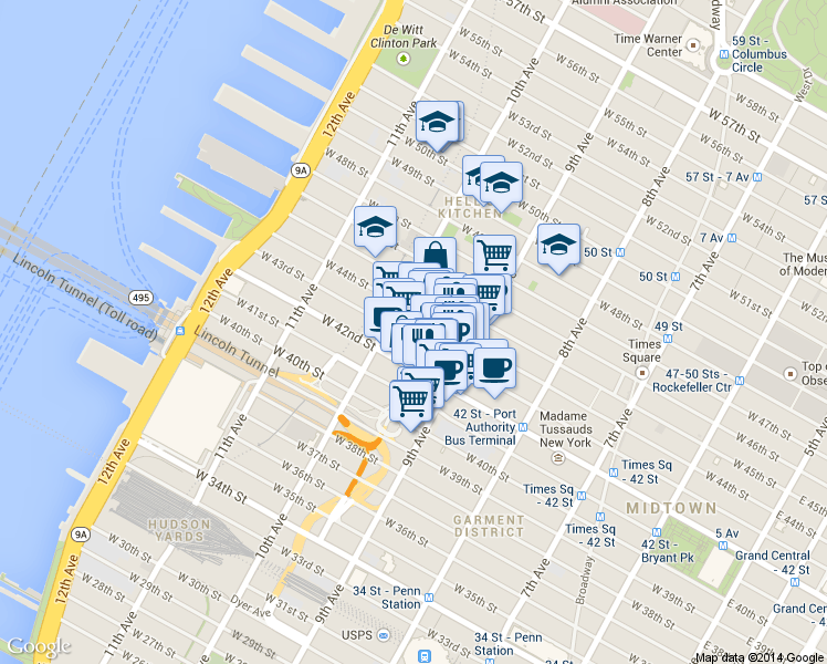 map of restaurants, bars, coffee shops, grocery stores, and more near 576 10th Avenue in New York