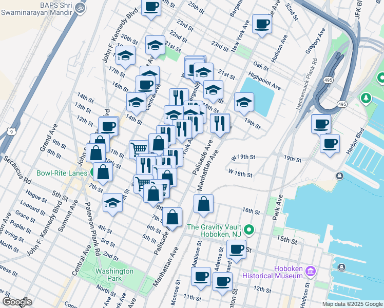map of restaurants, bars, coffee shops, grocery stores, and more near 319 13th Street in Union City