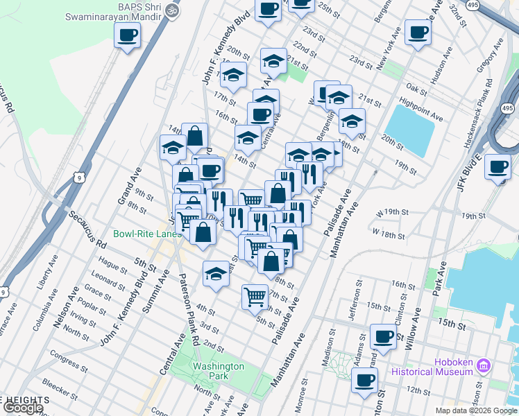 map of restaurants, bars, coffee shops, grocery stores, and more near 513 12th Street in Union City