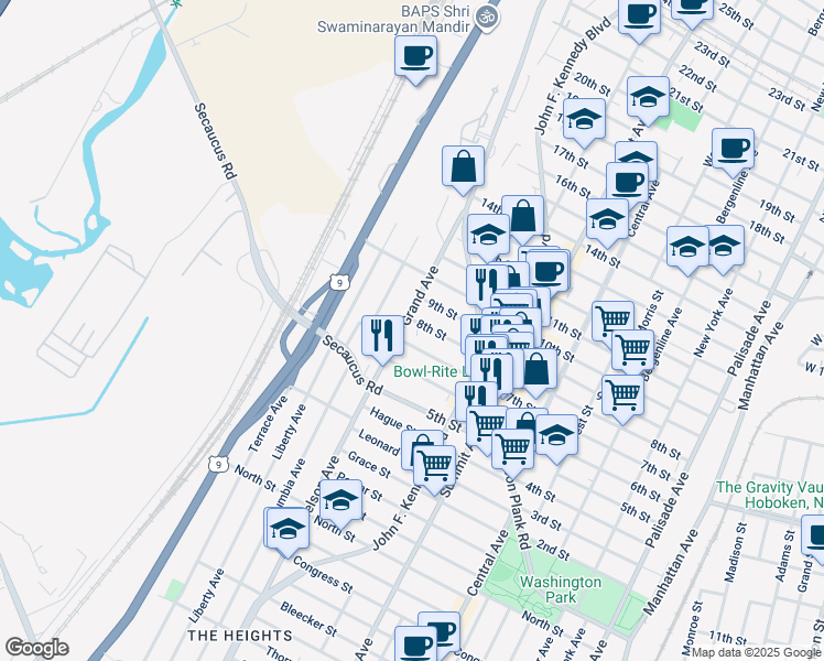 map of restaurants, bars, coffee shops, grocery stores, and more near 1407 7th Street in North Bergen