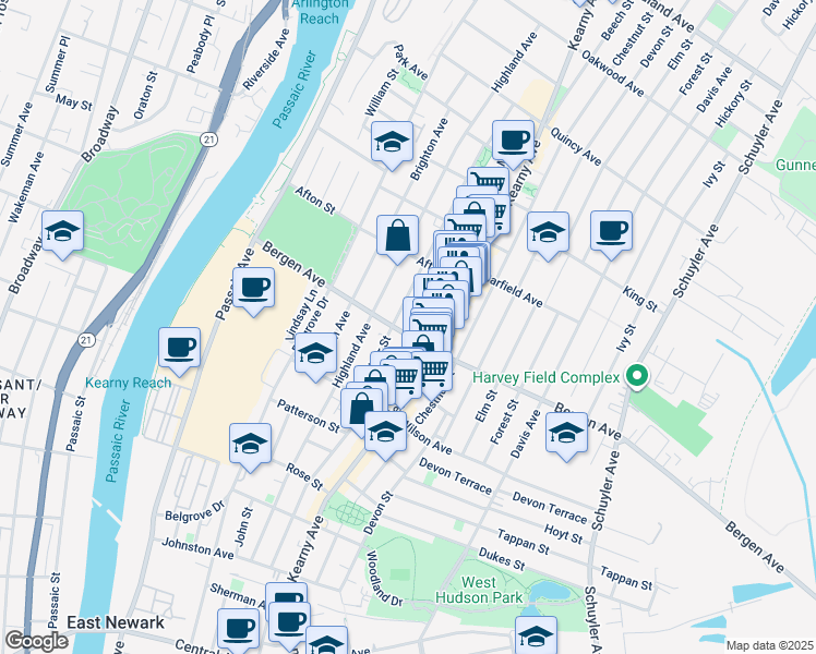 map of restaurants, bars, coffee shops, grocery stores, and more near 218 Maple Street in Kearny