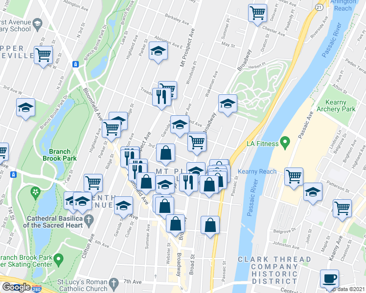 map of restaurants, bars, coffee shops, grocery stores, and more near 91 3rd Avenue in Newark