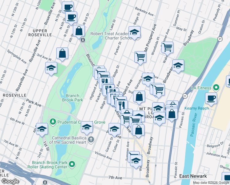 map of restaurants, bars, coffee shops, grocery stores, and more near 277 Clifton Avenue in Newark