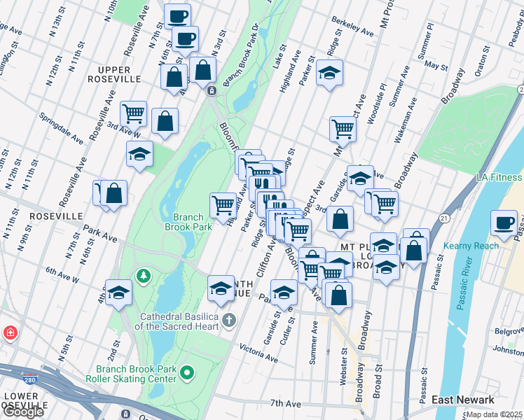 map of restaurants, bars, coffee shops, grocery stores, and more near 196 Ridge Street in Newark