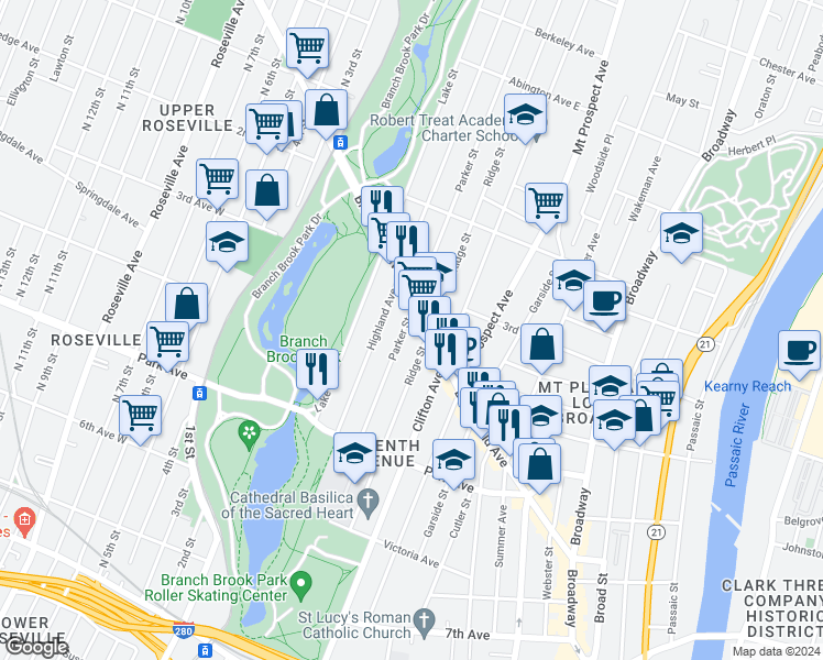 map of restaurants, bars, coffee shops, grocery stores, and more near 196 Ridge Street in Newark