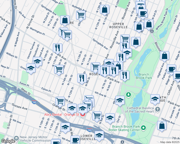 map of restaurants, bars, coffee shops, grocery stores, and more near 246 Roseville Avenue in Newark
