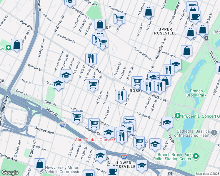 map of restaurants, bars, coffee shops, grocery stores, and more near 114-120 North 11th Street in Newark