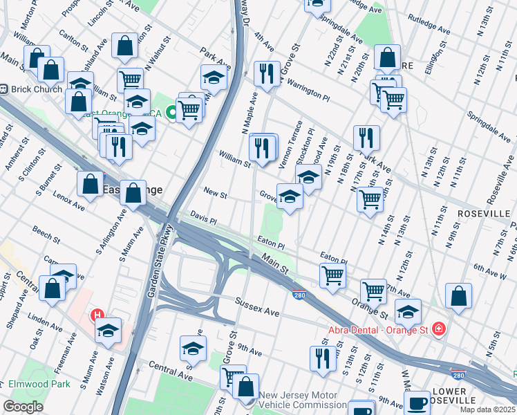 map of restaurants, bars, coffee shops, grocery stores, and more near 80 North Grove Street in East Orange