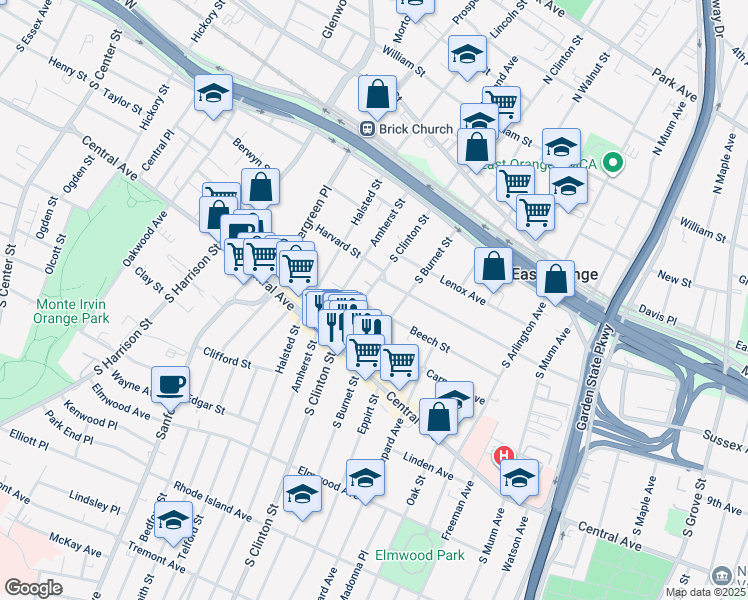 map of restaurants, bars, coffee shops, grocery stores, and more near 127 Beech Street in East Orange