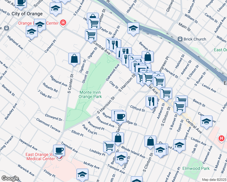 map of restaurants, bars, coffee shops, grocery stores, and more near 313 South Harrison Street in East Orange