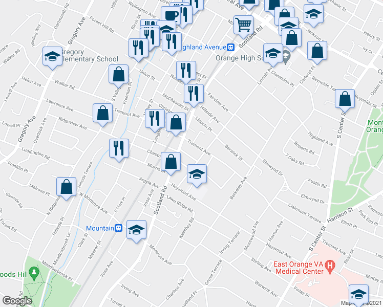 map of restaurants, bars, coffee shops, grocery stores, and more near 462 Laurel Street in City of Orange