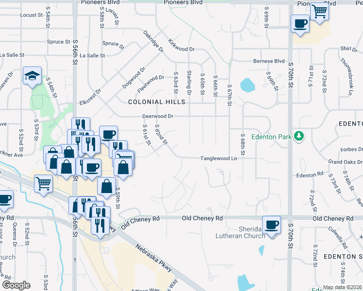 map of restaurants, bars, coffee shops, grocery stores, and more near 6316 Tanglewood Lane in Lincoln