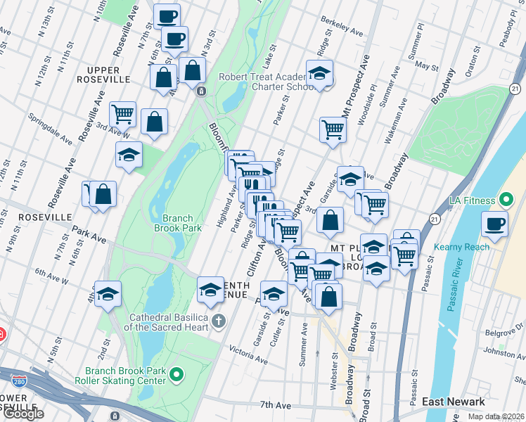 map of restaurants, bars, coffee shops, grocery stores, and more near 196 Ridge Street in Newark