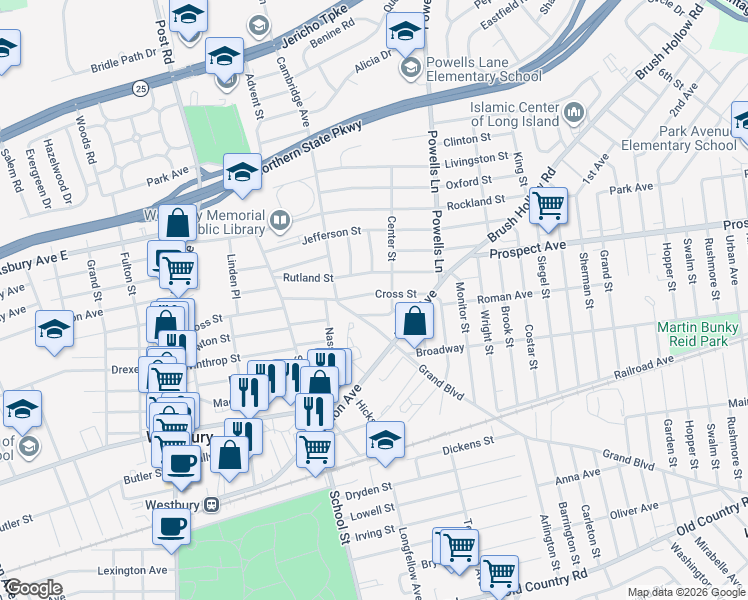 map of restaurants, bars, coffee shops, grocery stores, and more near 530 Cross Street in Westbury