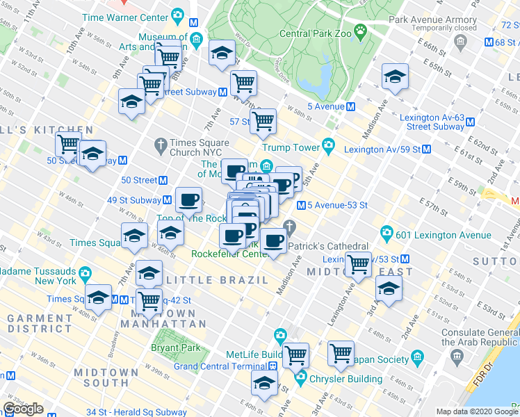 map of restaurants, bars, coffee shops, grocery stores, and more near in New York