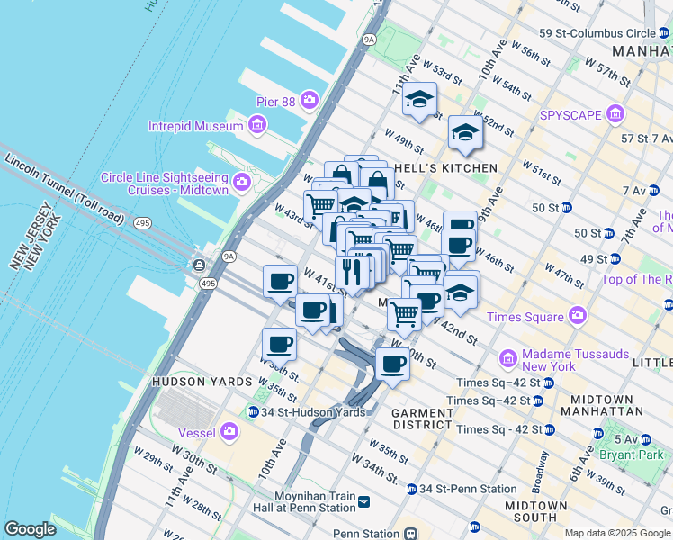 map of restaurants, bars, coffee shops, grocery stores, and more near in New York