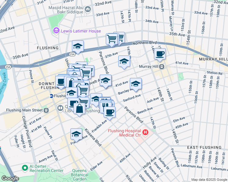 map of restaurants, bars, coffee shops, grocery stores, and more near in Queens