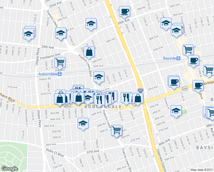 map of restaurants, bars, coffee shops, grocery stores, and more near 201-15 42nd Avenue in Queens
