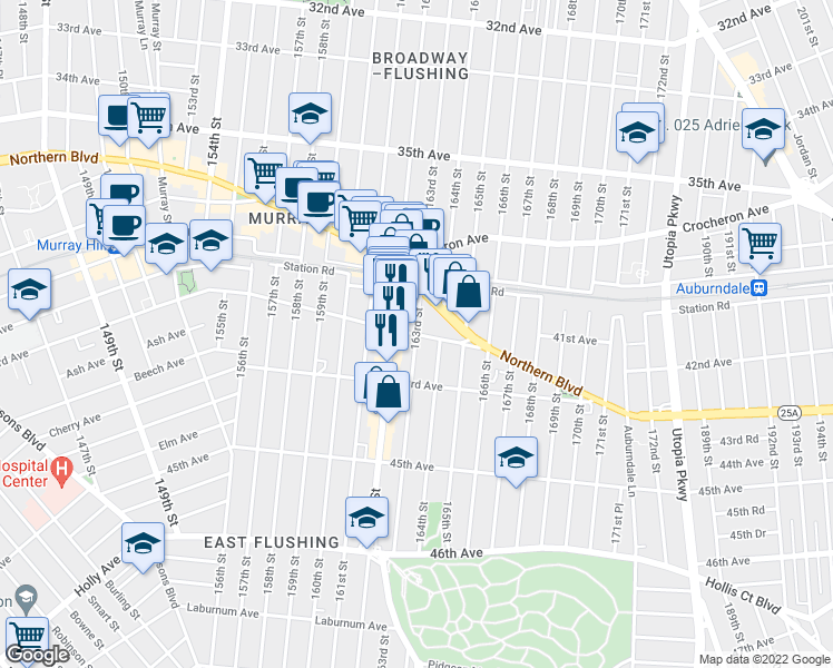 map of restaurants, bars, coffee shops, grocery stores, and more near 163rd Street & Sanford Avenue in Queens