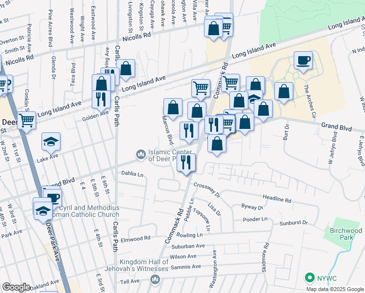map of restaurants, bars, coffee shops, grocery stores, and more near 715 Grand Boulevard in Deer Park