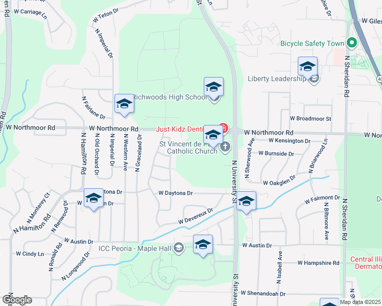 map of restaurants, bars, coffee shops, grocery stores, and more near 1500 West Northmoor Road in Peoria