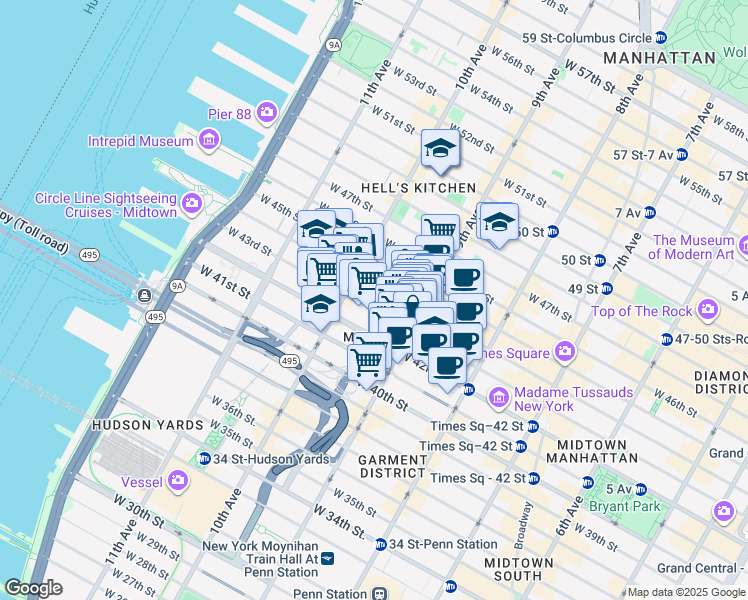 map of restaurants, bars, coffee shops, grocery stores, and more near 447 West 43rd Street in New York